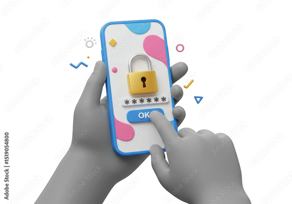 Poster 3d hands entering password on smartphone isolated on transparent background
