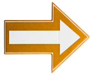 Orange directional arrow sign with white inner marking on a transparent background