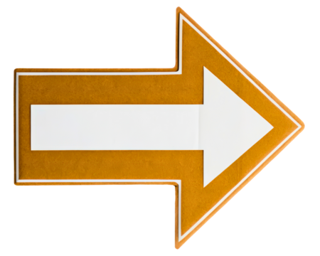 Orange directional arrow sign with white inner marking on a transparent background