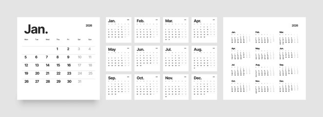 Monthly calendar layout for 2026 year. Planner Square diary for 2026 year. Week Starts on Monday. 