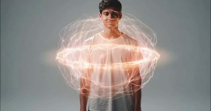 A subtle glowing semi-transparent protective energy field gradually appears around a person&rsquo;s body, symbolizing shielding from negative influences