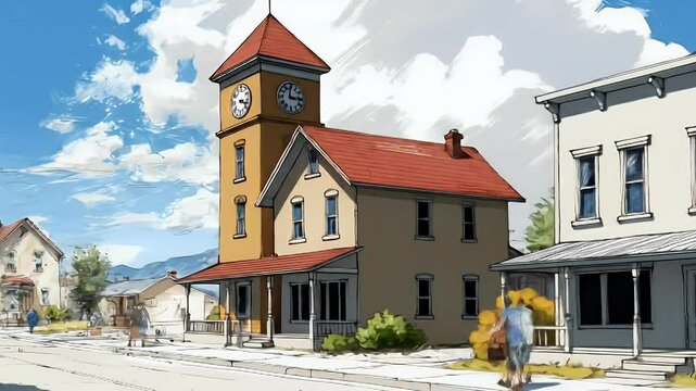 Charming town scene illustration sunny day classic architecture american flag
