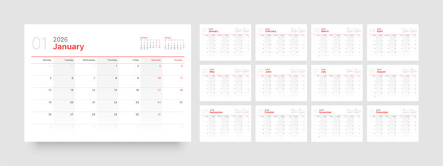 Monthly calendar layout for 2026 year. Diary planner for 2026 year. Week Starts on Monday. 