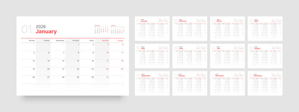 Monthly calendar layout for 2026 year. Diary planner for 2026 year. Week Starts on Monday. 
