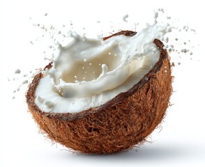 Coconut milk splashing from a cracked coconut against a clean white background, highlighting its fresh and tropical essence