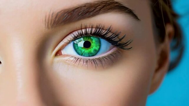 Close-up of a bright green eye with long eyelashes.