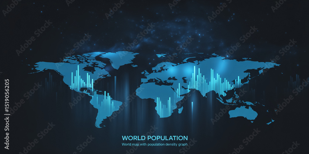 Poster world population data visualized with a neon blue glowing map and density graphs