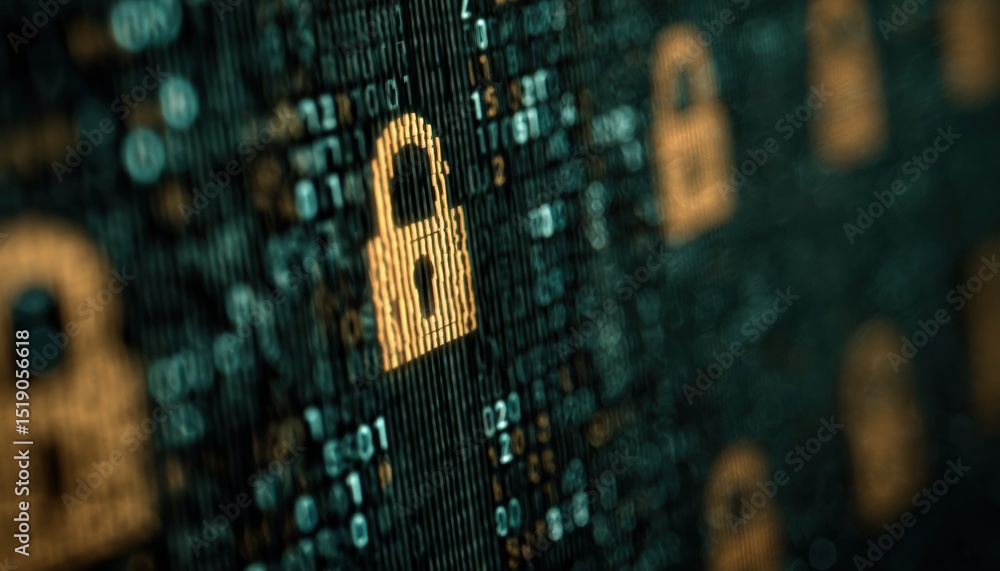Aufkleber Digital illustration of a cybersecurity concept, featuring a lock symbol made of binary code on a digital screen background
