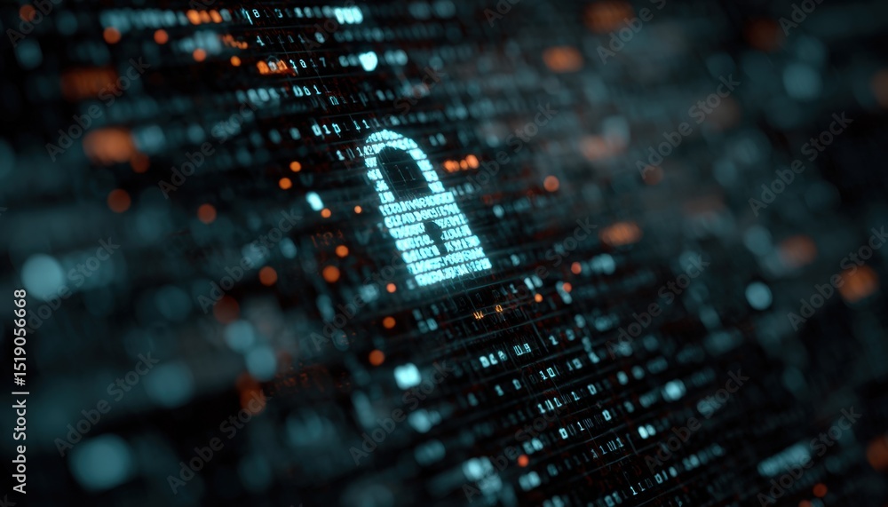 Aufkleber Digital illustration of a cybersecurity concept, featuring a lock symbol made of binary code on a digital screen background