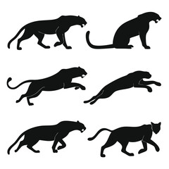 Set of black panther silhouettes depicting different poses and actions on a white background