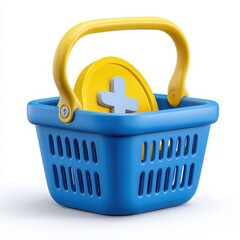 Fototapeta premium Basket with coins and plus sign on a white background
