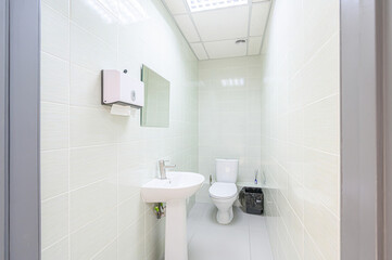 pristine, tiled bathroom features a toilet, sink, mirror, and dispenser. The color scheme is bright and clean, dominated by white and pale green tiles