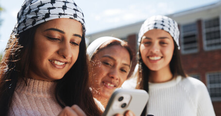 Phone, keffiyeh and activist with friends in city for protest post, human rights and social...
