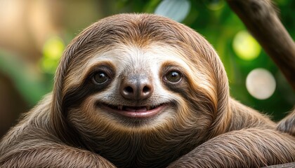 Fototapeta premium Playful Brown Spotted Sloth with a Toothy Grin Amidst the Vibrant Tropics, Embracing Joy and Peace in the Lush, Colorful Rainforest Canopy