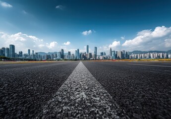 Empty asphalt road leading to modern city skyline in Shenzhen, China, featuring a clear blue sky with some clouds