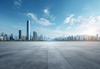 Featuring an empty asphalt road stretching towards a modern city skyline, showcasing impressive buildings against a clear blue sky