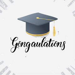 A digitally created graduation announcement featuring a mortarboard cap with a golden tassel and the word "Gongratulations" in elegant cursive font.
