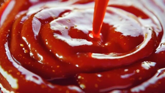 Close-up of ketchup being poured, creating ripples in a glossy red surface.