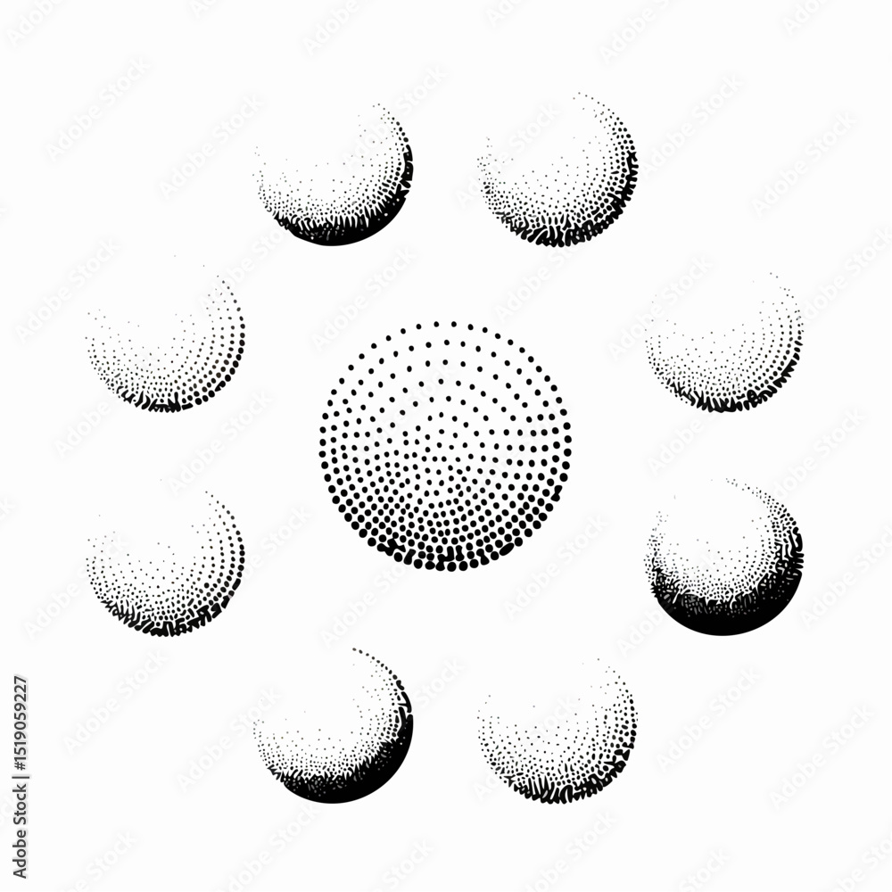 Poster abstract geometric illustration featuring spherical shapes composed of dot patterns arranged in a ci