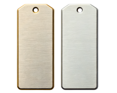 Metal tags in gold and silver colors for versatile labeling on a transparent background