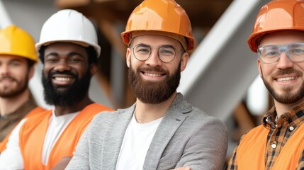 Construction Crew Confidence: A close-up shot of a diverse and skilled construction crew, each member sporting a protective helmet and radiating confidence.