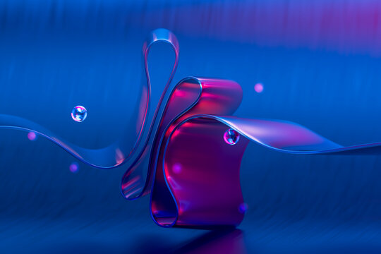 Abstract 3D design with neon glass ribbon and spheres on a colorful background
