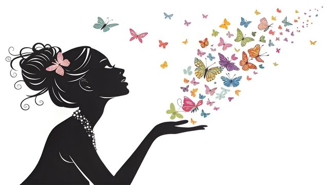 Pretty girl black silhouette with many butterflies flying from her hand.Woman profile stencil drawing.Beautiful lady vector decor.Vinyl wall sticker decal.Plotter laser cutting. DIY. White Background.
