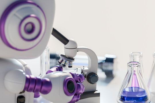 Robot conducting research in a hi-tech laboratory with a microscope and lab equipment