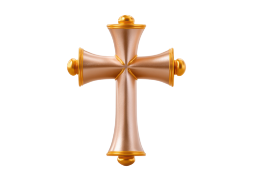 An intricately designed golden Christian cross with detailed decorative elements set against a clean white backdrop signifying religious faith and spiritual devotion