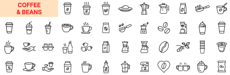 Coffee and Beans Line Icon Design Featuring Coffee Cups, Beans, Brewing Tools, Takeaway Cups, Espresso Machines, Milk Bottles, Creamers, Mugs, and Roasted Grinders