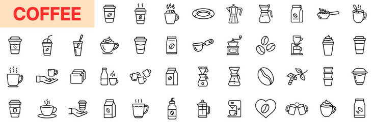 Coffee and Beverage Line Icon Design Featuring Coffee Cups, Beans, Mugs, Espresso Machines, Takeaway Cups, Spoons, Drippers, Creamers, Coffee Makers, and Brewing Utensils