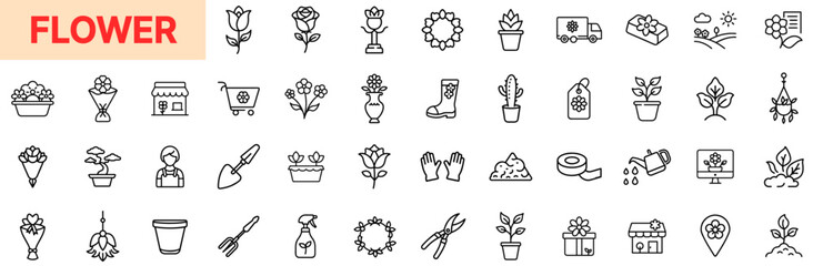 Flower and Gardening Line Icon Design Featuring Bouquets, Pots, Florist Shops, Blooming Plants, Shovels, Gloves, Watering Tools, Vases, Seeds, and Floral Decorations