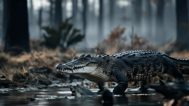 Crocodile in misty swampy forest