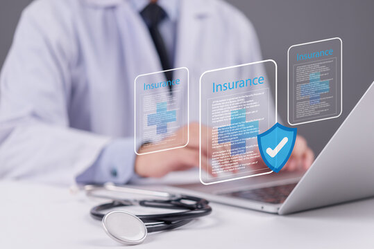 Health insurance concept with digital document interface and shield icon, smart insurance, and secure patient information.Healthcare data management