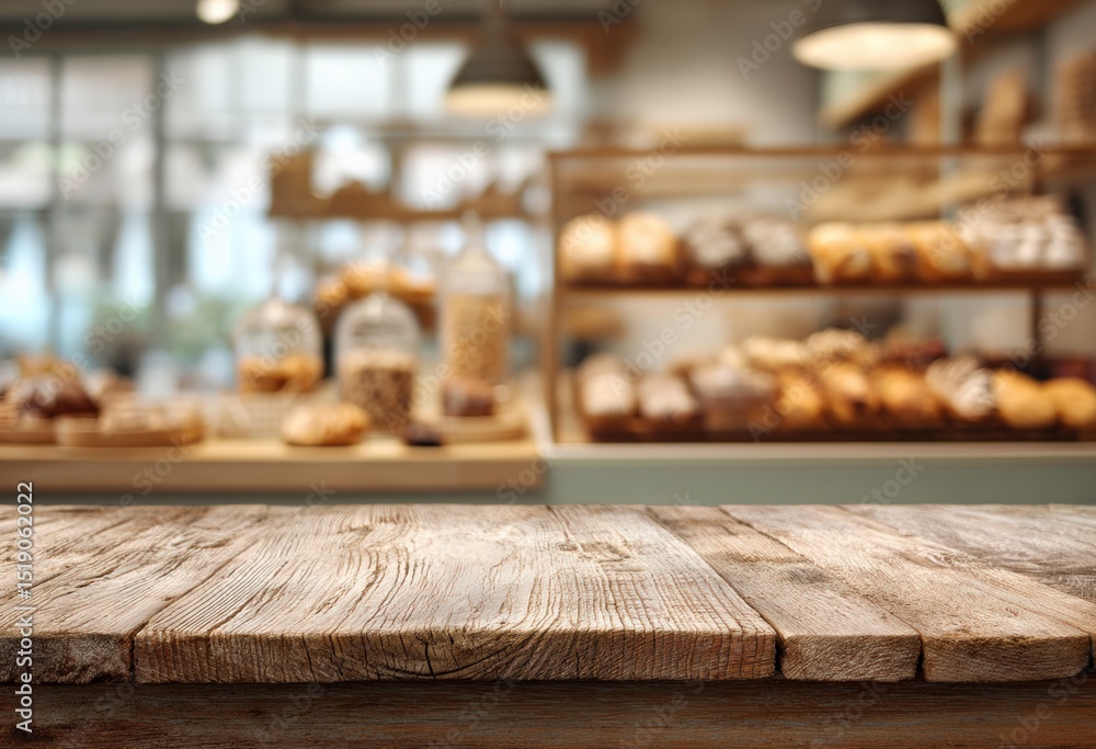 Poster Empty wooden table positioned in front of a softly blurred bakery shop background, creating an ideal setting for product montages and displays