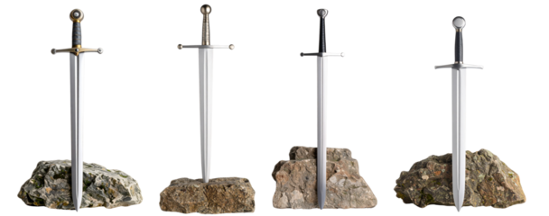 A collection of swords embedded in rocks, symbolizing strength and honor in mythology.