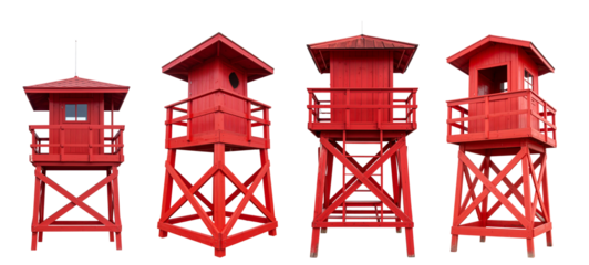 Four vibrant red lifeguard towers showcasing distinct architectural details and styles.