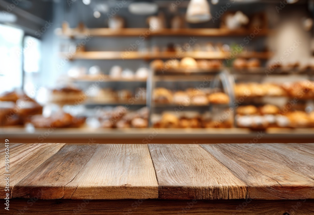 Aufkleber wooden table providing ideal space for showcasing products against a blurred bakery backdrop, creati