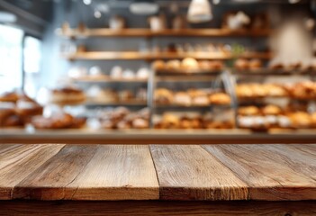 Wooden table providing ideal space for showcasing products against a blurred bakery backdrop, creating a warm and inviting atmosphere