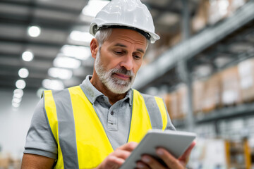 Fototapeta premium Production supervisor in safety vest and helmet using a tablet in indoor warehouse office, neutral lighting, real people,