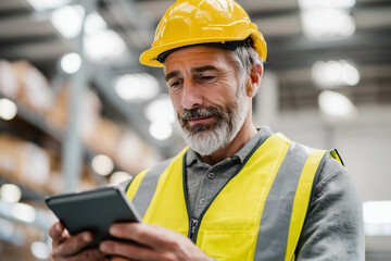Production supervisor in safety vest and helmet using a tablet in indoor warehouse office, neutral lighting, real people,