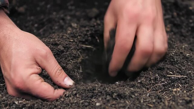 Close-up hands placing soil in a garden, preparing for planting and gardening hobby