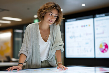 Female director reviewing enterprise dashboard with KPIs, standing near modern conference table with digital interface screen 