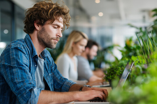 People completing a digital form online, working in small tech startup office, laptops, green plants, natural daylight 