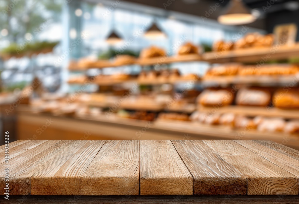 Aufkleber Empty wooden table top with blurred bakery shop background providing ideal space for product placement and display