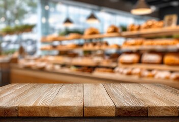 Empty wooden table top with blurred bakery shop background providing ideal space for product placement and display