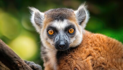 Obraz premium Pensive Lemur Observes the Rainforest from its Perch, Majestic Greens and Earthy Textures Blend with a Drizzling Canopy in the Enchanting Wilderness