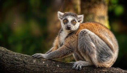 Obraz premium Cautious Lemur Crouching amidst Lush Green Treescape, Capturing Serene Tranquility and Wildlife Intimacy at Dusk