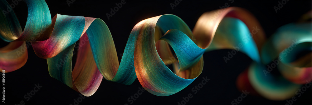 Poster a colorful iridescent ribbon swirling and curving against a dark background in a studio setting
