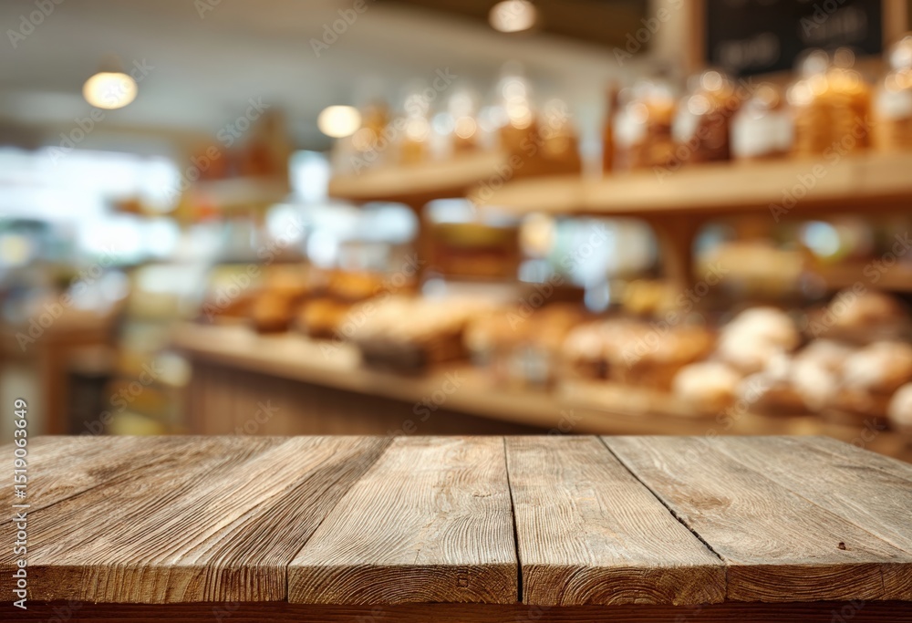 Poster empty wooden table top with blurred bakery shop background provides ideal space for product placemen